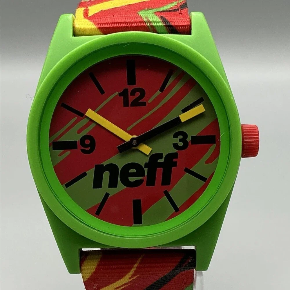 Neff Daily Mens Watch 41mm Red Green Dial Fabric Strap 5ATM WR New Battery
